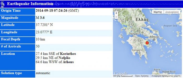 Σεισμός 3.8 Ρίχτερ κοντά στην Κόρινθο
