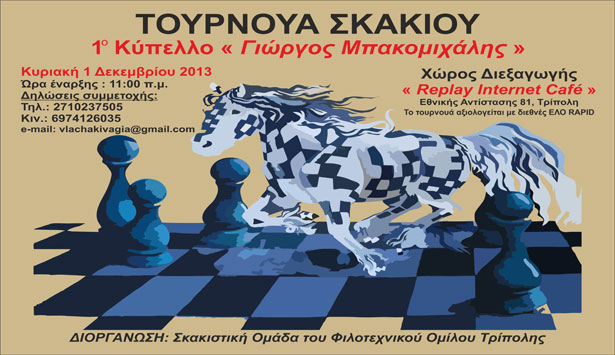 Την Κυριακή το 1ο τουρνουά σκάκι  «Γιώργος Μπακομιχάλης» στην Τρίπολη (vd)