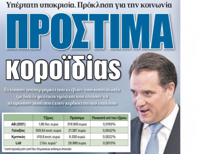 Εφημερίδα "Δημοκρατία": "Πρόστιμα κοροϊδίας από την Κυβέρνηση στα σούπερ μάρκετ"