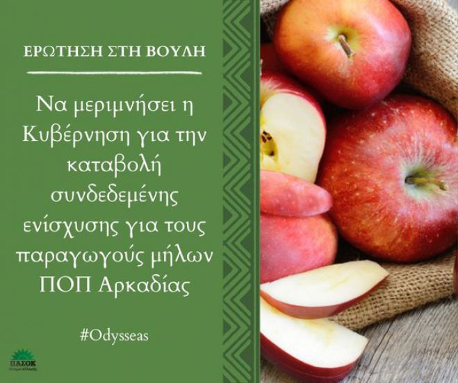 Κωνσταντινόπουλος: "Να μεριμνήσει η Κυβέρνηση για την καταβολή συνδεδεμένης ενίσχυσης για τους παραγωγούς μήλων ΠΟΠ Αρκαδίας"