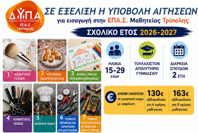 Συνεχίζονται οι εγγραφές στην Επαγγελματική Σχολή (ΕΠΑΣ) Μαθητείας Τρίπολης της ΔΥΠΑ