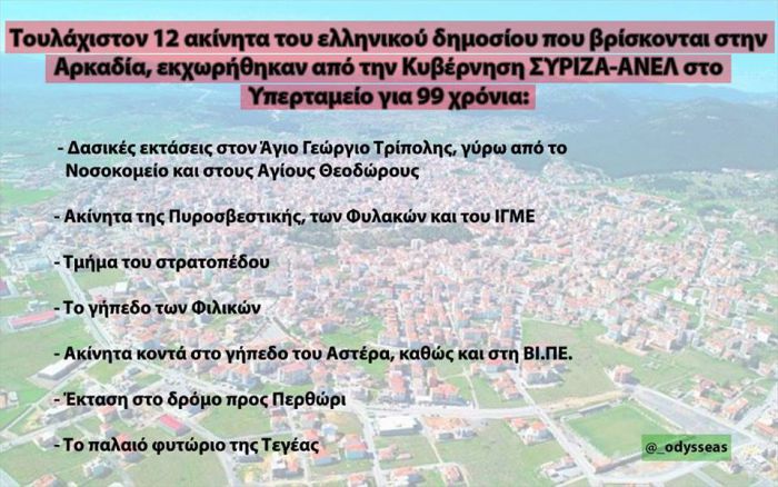 Αποκάλυψη Οδυσσέα | 12 ακίνητα της Αρκαδίας στο "Υπερταμείο" για ... 99 χρόνια!