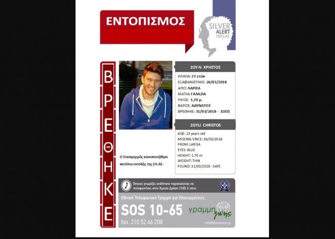 Βρέθηκε σώος ο 23χρονος στη Λάρισα