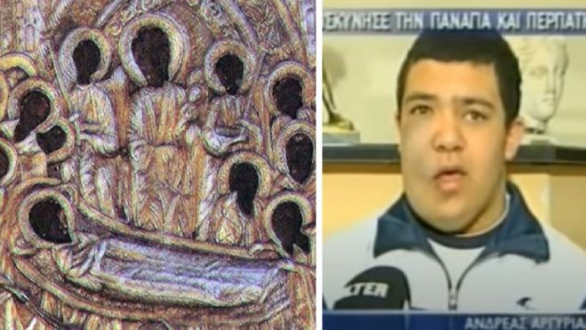 &Tau;&omicron; &theta;&alpha;ύ&mu;&alpha; &tau;&eta;&sigmaf; &Pi;&alpha;&nu;&alpha;&gamma;ί&alpha;&sigmaf; &tau;&eta;&sigmaf; &Mu;&alpha;&lambda;&epsilon;&beta;ή&sigmaf; &sigma;&epsilon; 15&chi;&rho;&omicron;&nu;&omicron; &pi;&alpha;&iota;&delta;ί &mu;&epsilon; &kappa;&alpha;&rho;&kappa;ί&nu;&omicron;: &laquo;Έ&nu;&iota;&omega;&sigma;&alpha; &kappa;ά&tau;&iota; &pi;&epsilon;&rho;ί&epsilon;&rho;&gamma;&omicron; &nu;&alpha; &delta;&iota;&alpha;&pi;&epsilon;&rho;&nu;ά &tau;&omicron; &sigma;ώ&mu;&alpha; &mu;&omicron;&upsilon;. "&Alpha;&nu;&delta;&rho;έ&alpha; &sigma;ή&kappa;&omega; &kappa;&alpha;&iota; &pi;&epsilon;&rho;&pi;ά&tau;&eta;&sigma;&epsilon;"...&raquo; (vd)