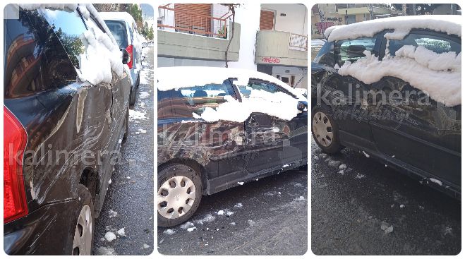 Σοβαρές ζημιές για σταθμευμένο αυτοκίνητο στην χιονισμένη Τρίπολη | Ι.Χ. έπεσε πάνω του και εξαφανίστηκε - Εξετάζεται υλικό και από κάμερες!