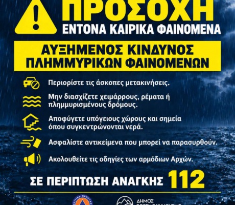 Έκτακτο Δελτίο Επιδείνωσης Καιρού – Οδηγίες Προστασίας για τους Πολίτες του Δήμου Βόρειας Κυνουρίας