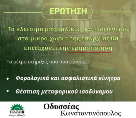 Μέτρα για να επιβιώσουν τα καφενεία και τα παντοπωλεία στα χωριά ζητά ο Κωνσταντινόπουλος