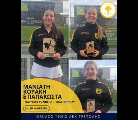 Τένις | 2η θέση για Μανιάτη, 5η και 6η θέση για Κοράκη και Παπακώστα της ΑΕΚ Τρίπολης στα Masters της Στ΄ Ενωσης Αντισφαίρισης Πελοποννήσου