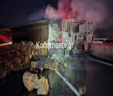 Τροχαίο με νταλίκα στην Κόρινθο – Καρφώθηκε στο διάζωμα και άρπαξε φωτιά (vd)