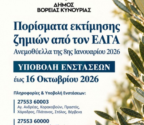 Βόρεια Κυνουρία | Πορίσματα ζημιών ΕΛΓΑ από την ανεμοθύελλα της 8ης Ιανουαρίου 2026