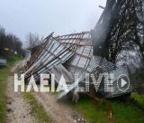 Κακοκαιρία | Ανεμοστρόβιλος ισοπέδωσε στάβλο στην Ηλεία - «Ξηλώθηκε» μπαλκόνι στην Πάτρα